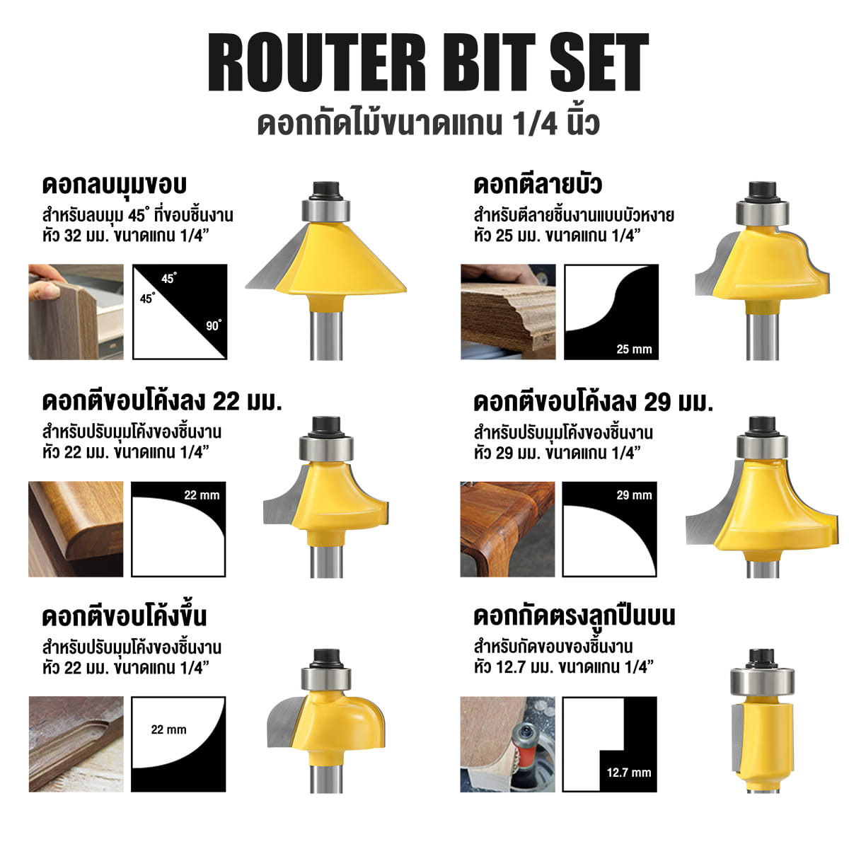 ชุดดอกเราท์เตอร์ DELTON รุ่น RB12-SET 1/4 นิ้ว 12 ชิ้น_4